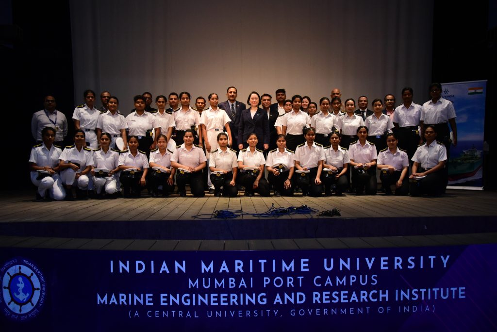 Posing with female cadets enrolled at the Indian Maritime University